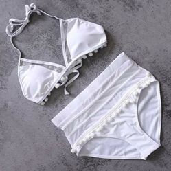 White High Waist Tassel Two Pieces Bikini swimsuit