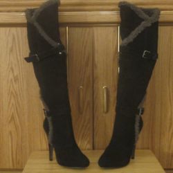 H by Halston "Sophia" Knee High Suede Faux Wrap Shearling Boots-Size:10m