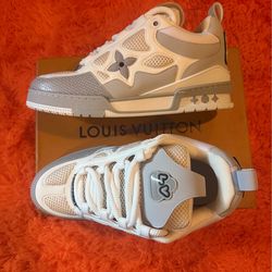 Louis Vuitton Trainer White Gray Men's Low Top Mesh Leather Lace Up Sneakers