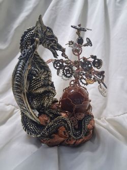 Steampunk Dragon Figurine with Handmade Gear Tree and Orb