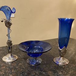 Vintage Blue Glass Set Vase 