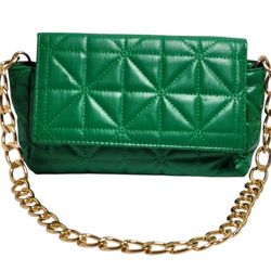 Zara Green Quilted Flap Faux Leather Gold-toned Metal Chain Strap City Purse Bag. The product is a green quilted handbag with a gold chain strap. It i