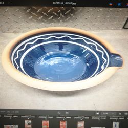 Large Handmade Pottery Flat Bowl Blue & Tan Rustic Serving Bowl / Farmhouse Decor