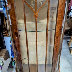 Antique Walnut Chippendale Round Glass Shelf China Display Cabinet ArtDeco Vintage Wood Curio Wide