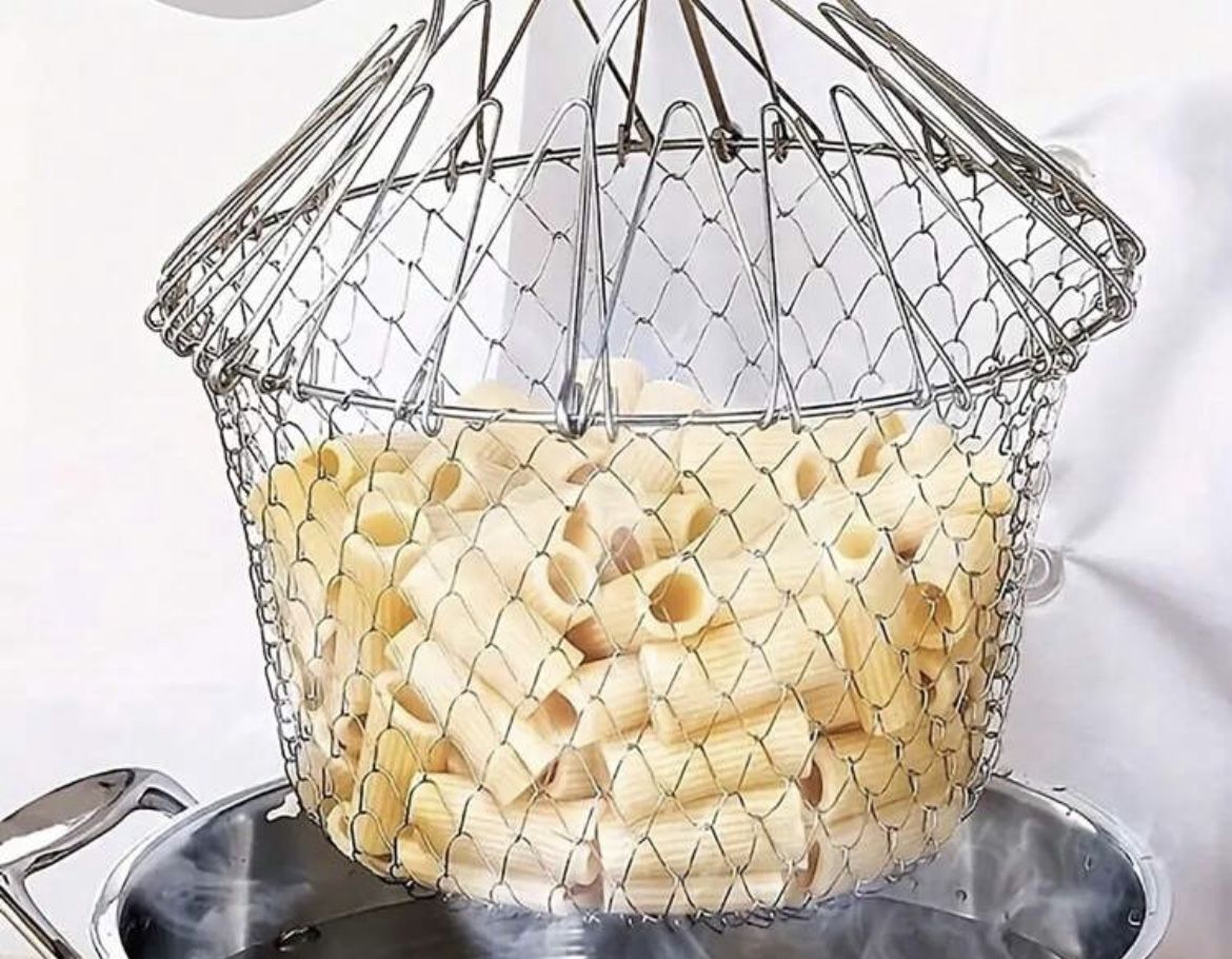 1pc Stainless Steel Folding Fry Basket Circular Strainer For French Fries/Chicken Wings, Drainage Basket For Frying Food,Kitchen,Summer Beach Party,Fo