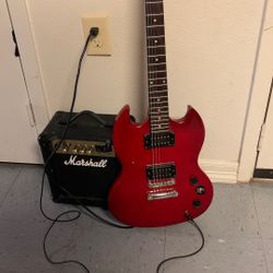 RED EPIPHONE GUITAR +MARSHALL  AMP