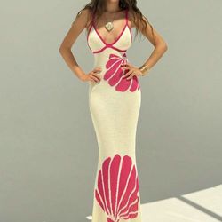 Aloruh Women's Romantic Shell Embroidered Knit Colorblock Sweater Dress, Spring/Summer, Vacation Sexy Dress