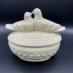 Vintage Love Birds Doves Nest Candy Dish Trinket Box Beige Ceramic