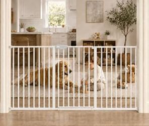 WaoWao Triple Lock Baby Gate Extra Wide 67.32-72.04" Pressure Mounted 
 Walk Through Swing Auto Close, White