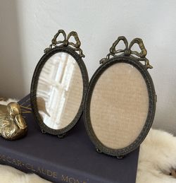 Vintage Lot 2- Italian Brass Bow Table Top Frames Victorian Oval Rare Made in Italy Antique Collectibles Retro 