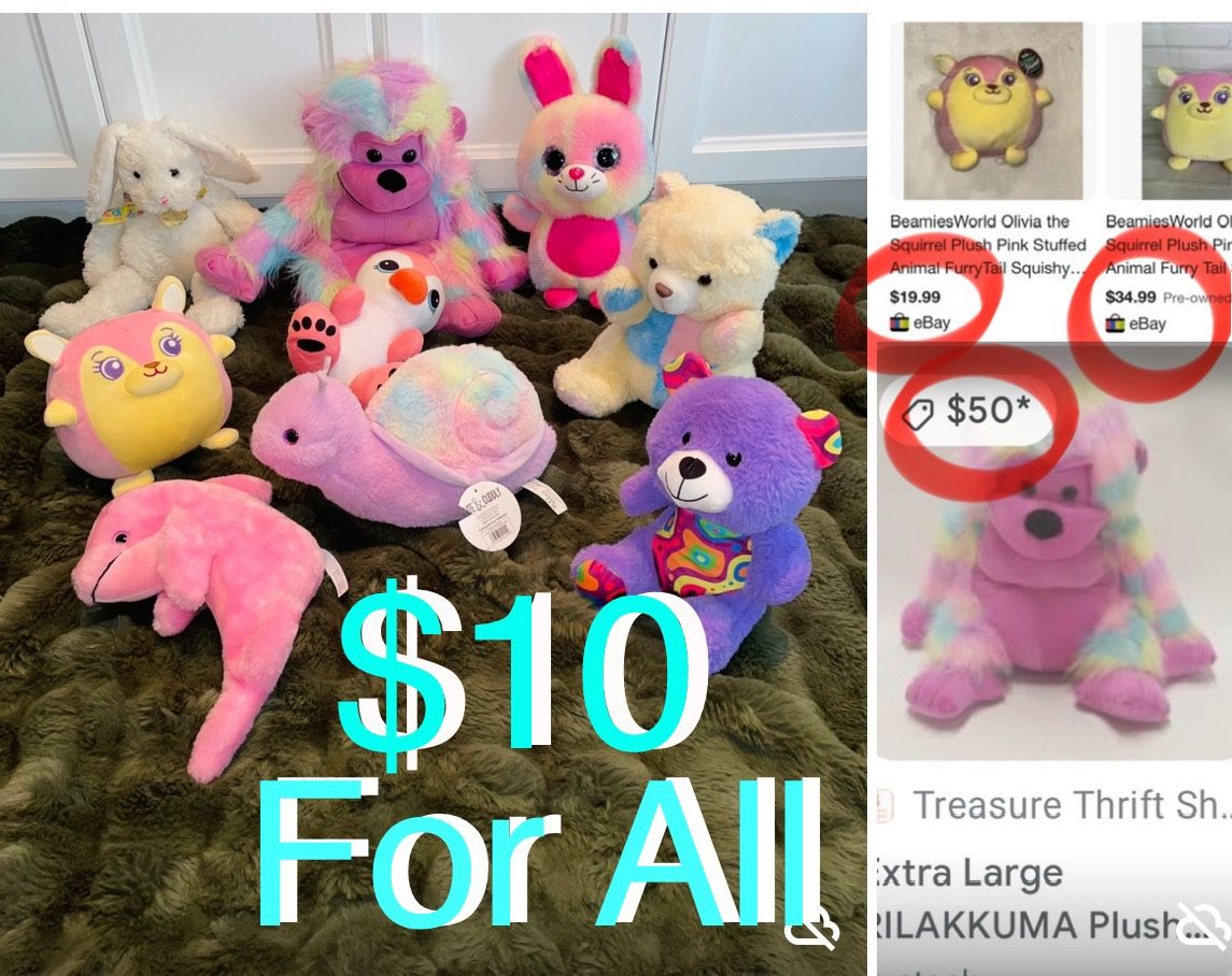 $10 For All Cute Tie Dye Multicolor Plushies total of 9 in great condition,snail π with Tag