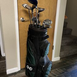 Nice NICKENT Golf Bag with Golden Bear BEHEMOTH CLUBS & Covers and Golf Ball Retriever