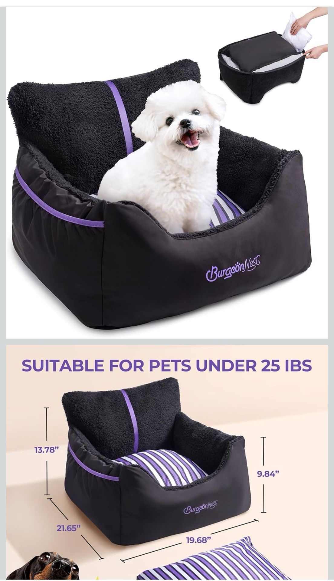 Dog Car Seat for Small Dogs, Detachable and Washable Cat Carseats Under 25 lbs, Soft Pet Booster Seats with Storage Pockets and Clip-On Leash Portable