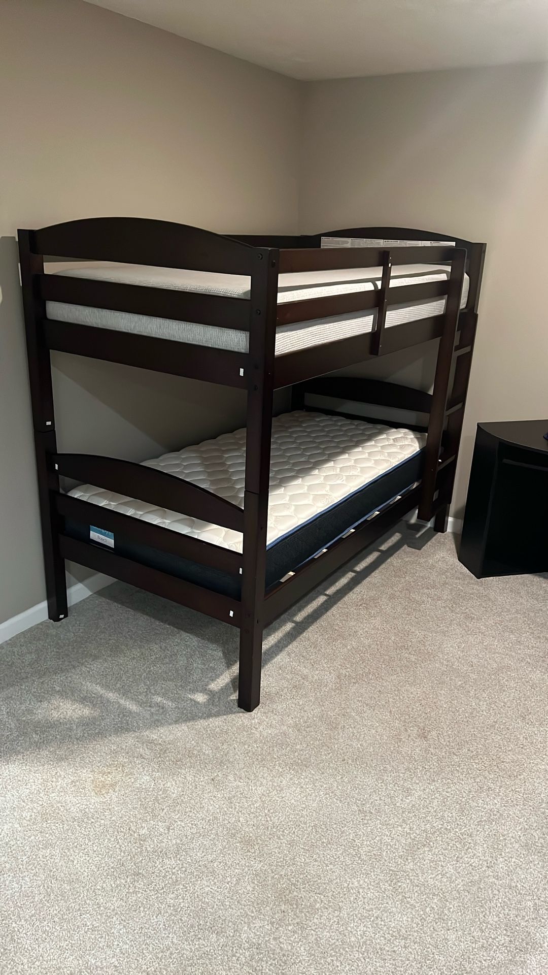 Wood Bunk bed With New Mattresses. Stickers Still On.