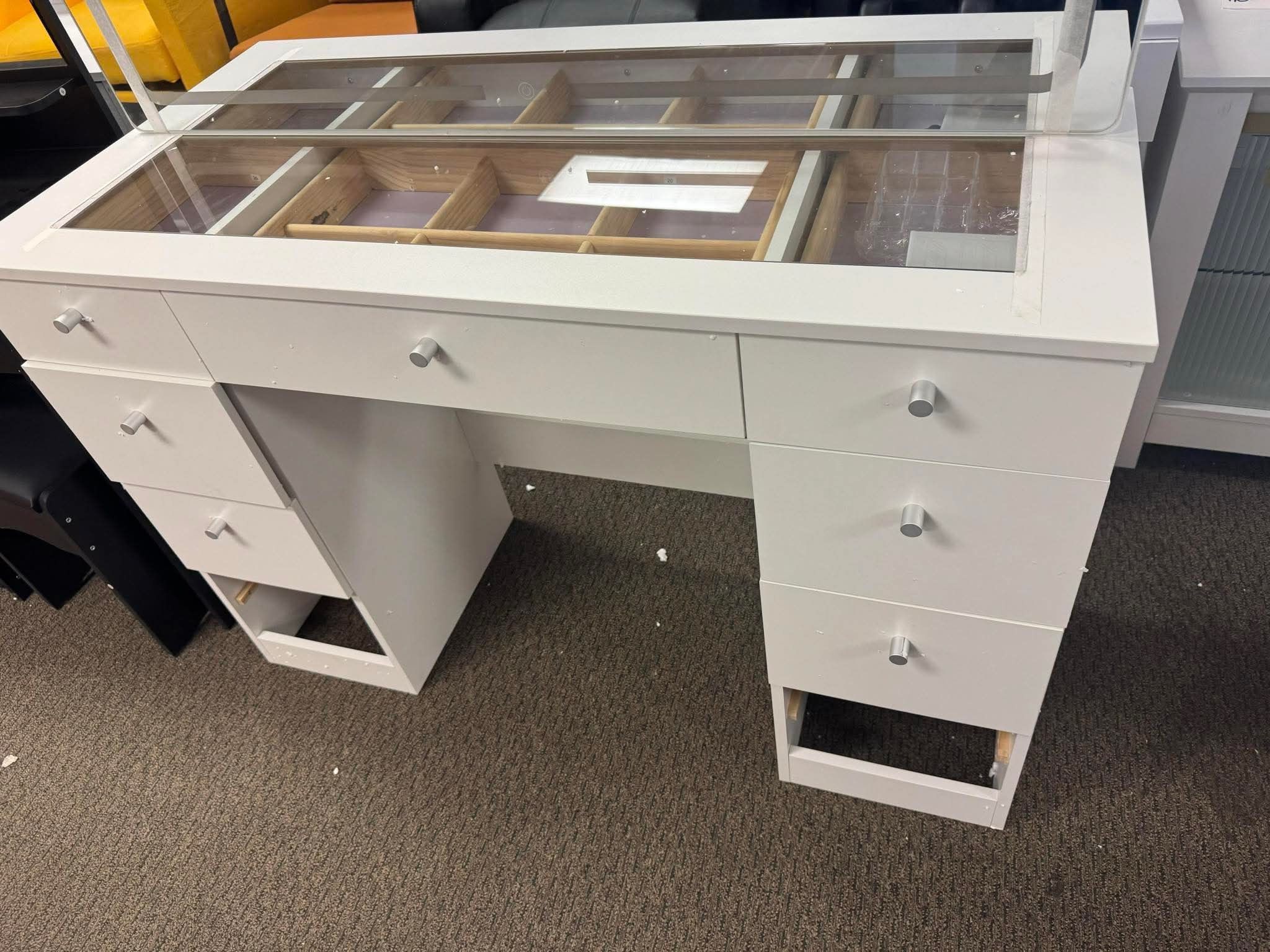 [Parts Missing] Makeup Furniture with Power Outlet & LED Lights, Glass Top Makeup with Multiple Storage Space, 3 Lighting Modes Adjustable Brightness 