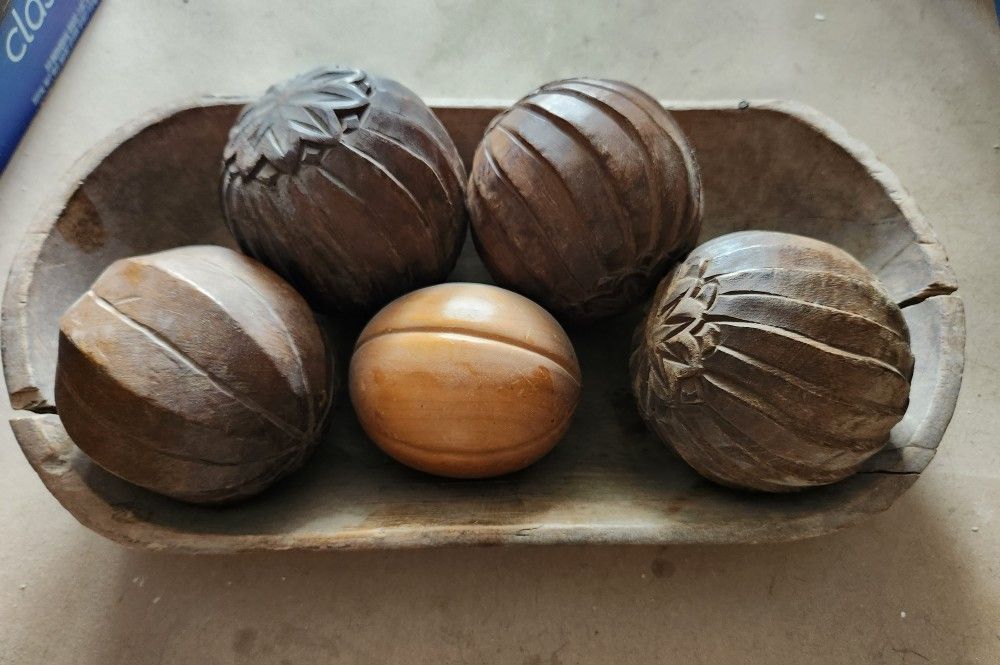 Primitive Wooden Bowl w/carved Balls