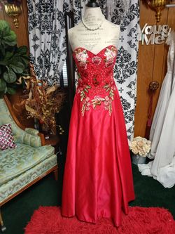 Red Floral Embroidered Strapless Ball Gown