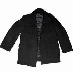 Black Rivet Mens XL Black Wool Blend Pea Coat Gothic Metal Art Graphic Lining Rare Y2K Black blazer Metal hardcore indie emo goth aesthetic    #bandme