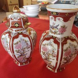 Toyo Japan 6 sided ginger jar with lid and 6 sided vase with bird on flowering branch design A59V864