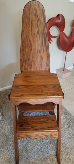 Solid Oak 3-in-1 Step Stool Chair – Converts to Ironing Board – Amish Handmade