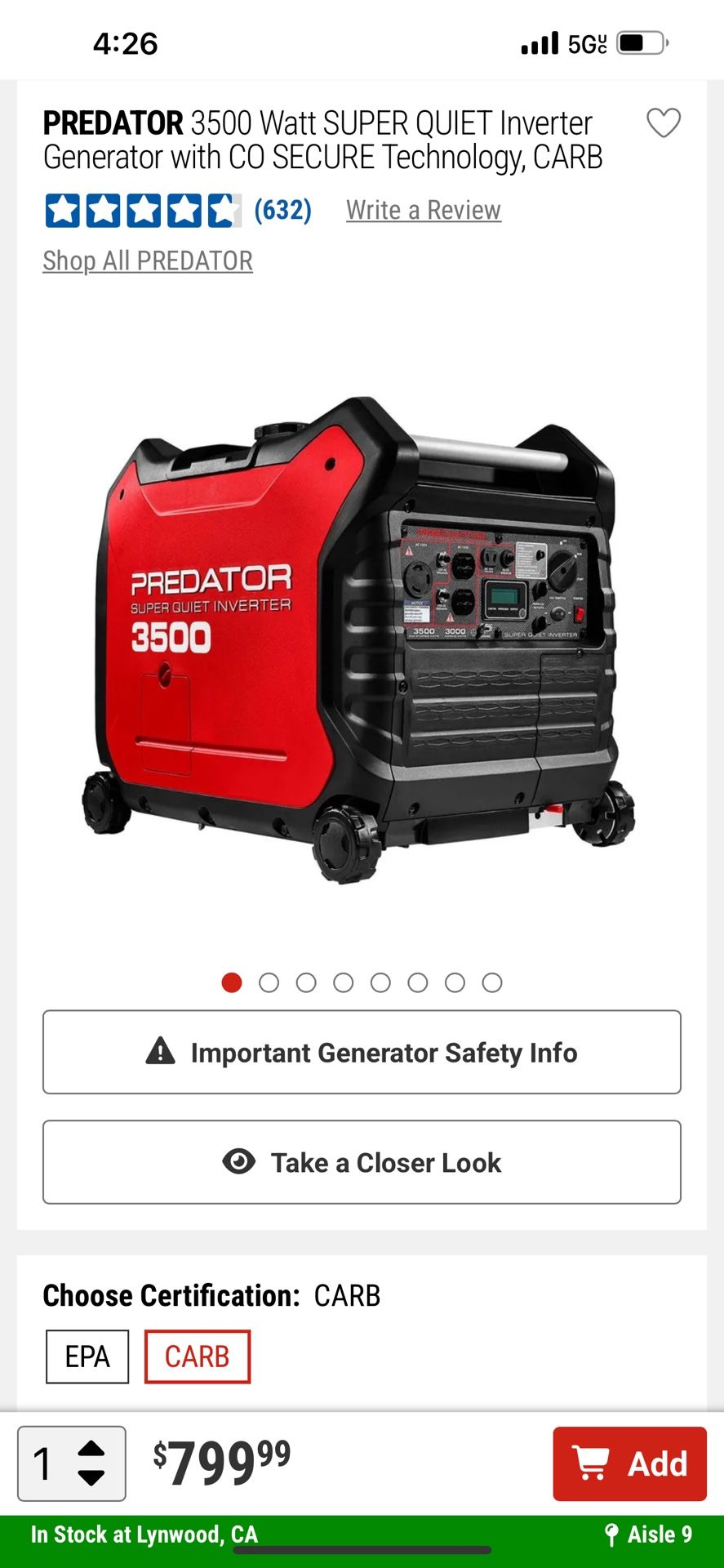 PREDATOR 3500 Watt SUPER QUIET Inverter Generator with CO SECURE Technology CARB