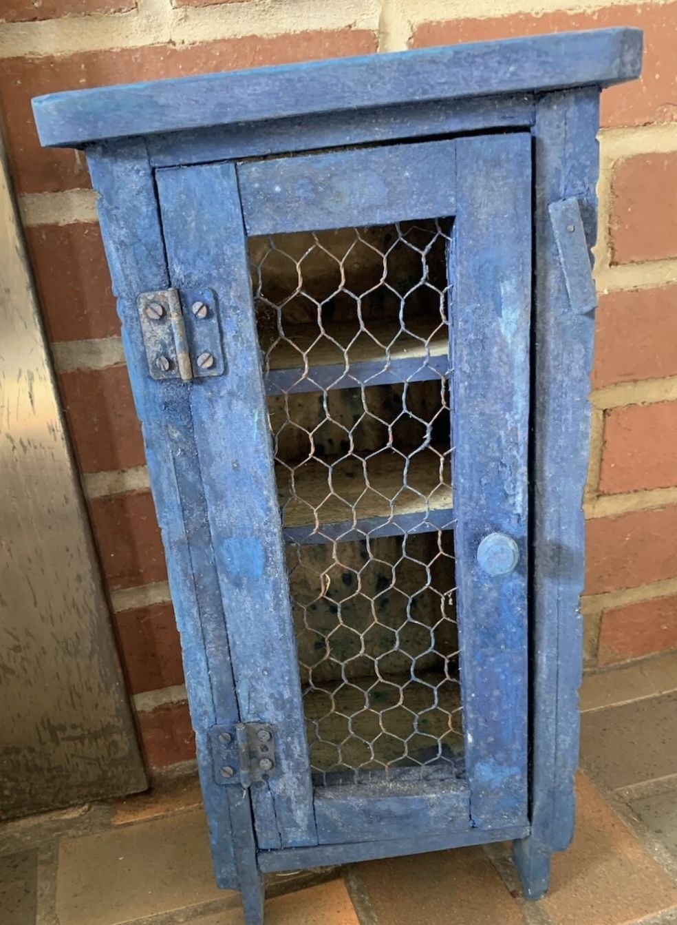Rustic Blue Wood Mini Cabinet with Chicken Wire Door | Farmhouse Primitive 15x8”