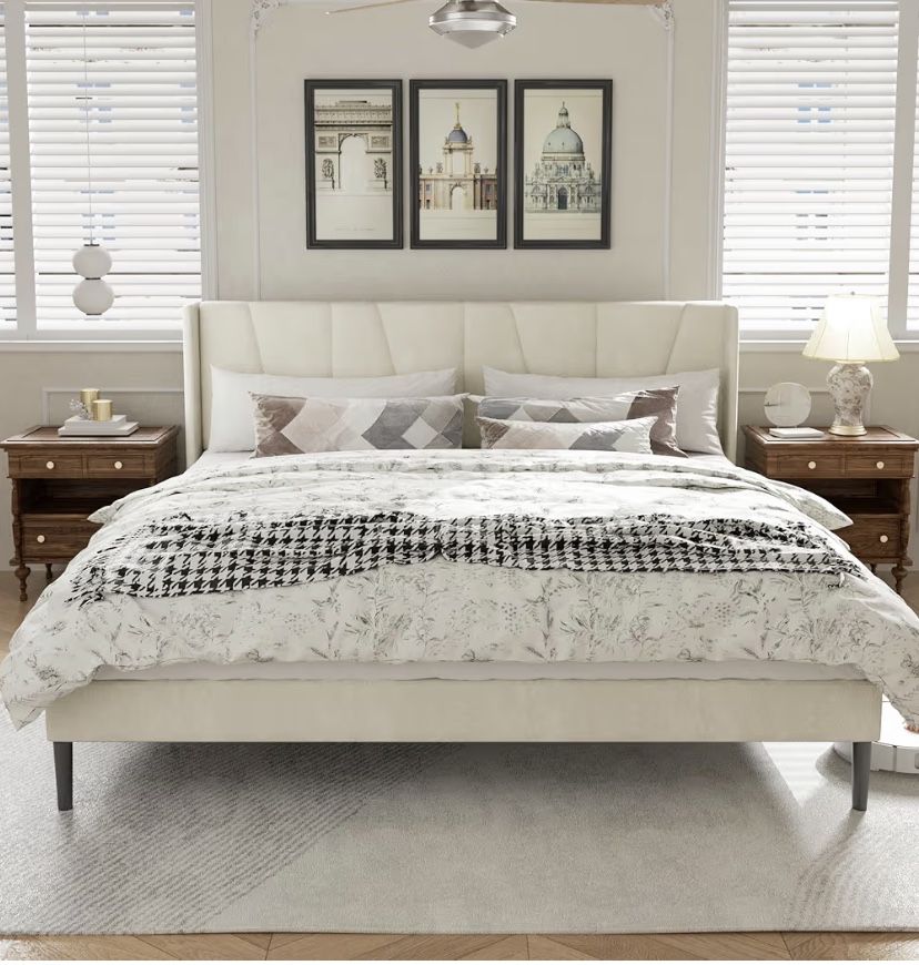 King Bed Frame with Headboard, Velvet 