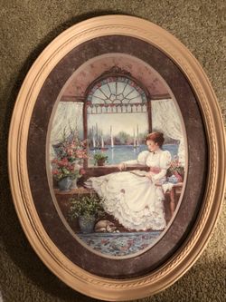 Home Interiors Homco “Victorian Lady by Lake” Barbara Mock Oval Pink frame
