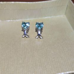 Sterling Silver Earrings With Blue Topaz Heart Cut Gem
