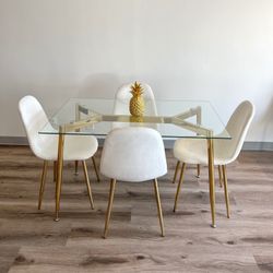White Gold Modern Velvet Glass Dining Set 