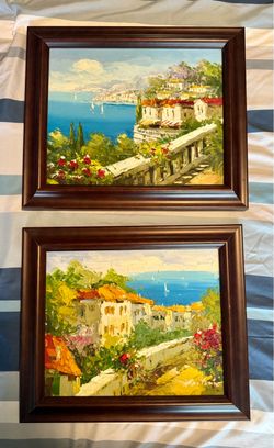 Set of 2 Original Oil on Canvas Paintings – Custom Framed – Mediterranean Coastal Scenes