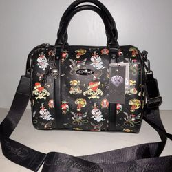 New Ed Hardy Satchel Crossbody Bag Tattoo Heart Skull Bag Charms Black Snake