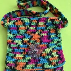 Mary GARDNER Handmade crochet Sling Shoulder Crossbody Bag Purse ~ Small ~ With MONET FLOWER BROOCH / PIN ‼️ UNIQUE - ONLY 1 Made ‼️ Price Is FIRM ‼️