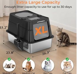 Stainless Steel Cat Litter Box with 110° Flip-Top Lid Extra Large Enclosed Litter Box Non-Sticky Metal Pan with High Sided & Scoop, Odor Free, Front &