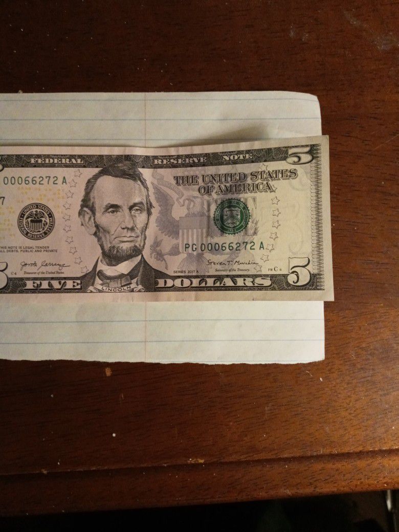 Low Number 5 Dollar bill