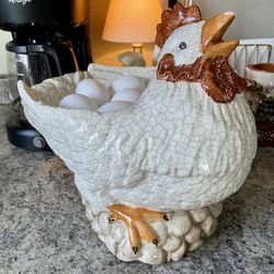 Large Vintage Farmhouse Ceramic Hen Egg Holder  Chicken Kitchen Decor