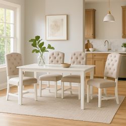 Set Of 4 Upholstered Chairs For Dining Room And Living Room (Oak Natural Wood + Off White) [NEW] **Assembly Req** Only Chairs**