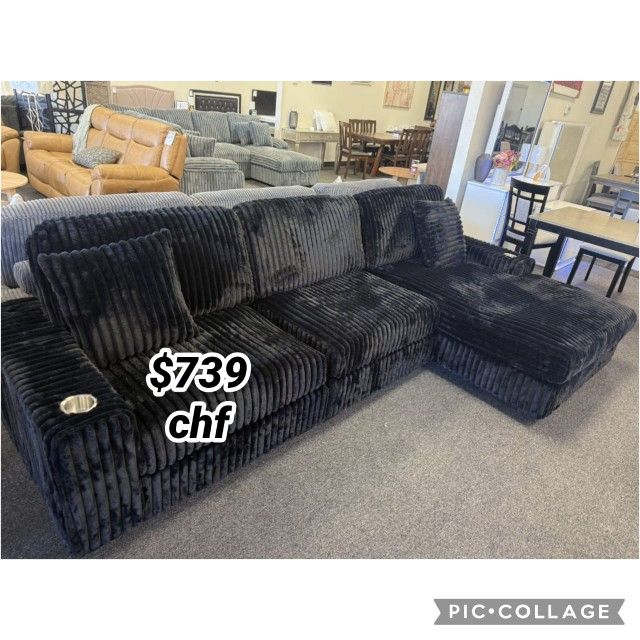 Black Corduroy Modular Sectional Sofa With Cup Holder // Christmas Sale !