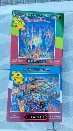 Lot of 2 Dowdle Puzzles โ Christmas Around the World 1000 Pc & Groundhog Day 500 Pc