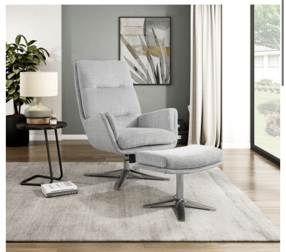 Chair & Ottoman Set / Ivory Accent Chair/ Swivel Chair & Ottoman/ Gray Chenille Chair