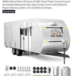 600D Oxford Fabric RV Cover 14-16ft Travel Trailer Cover, 6 Layers Breathable Waterproof Rip-Stop Camper Cover With Adhesive Repair Patches, Gutter, T