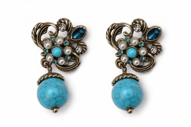 Vintage Style Turquoise and Pearl Drop Earrings - Like New