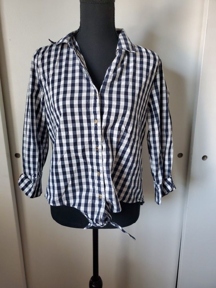 NWOT Ann Klein Women's Blue And White Plaid Button Up Blouse Top Size: Small 