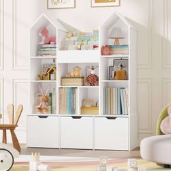 Toy Storage Organizer with Castle Roof, Large Kids Bookshelf Dollhouse with 3 Movable Drawers and 9 Storage Cubbies, Toy Organizers with 3-Tier Book R