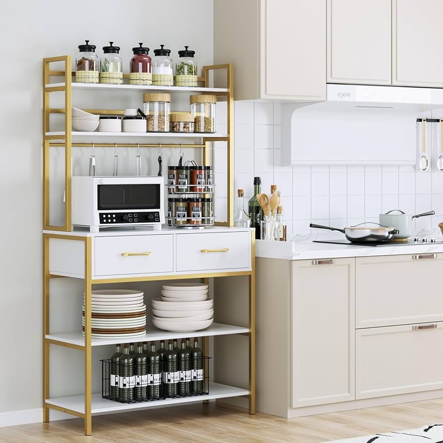 5-TIER BAKERS RACK WITH DRAWERS, INDUSTRIAL MICROWAVE OVEN STAND KITCHEN STORAGE SHELF, GOLD AND WHITE