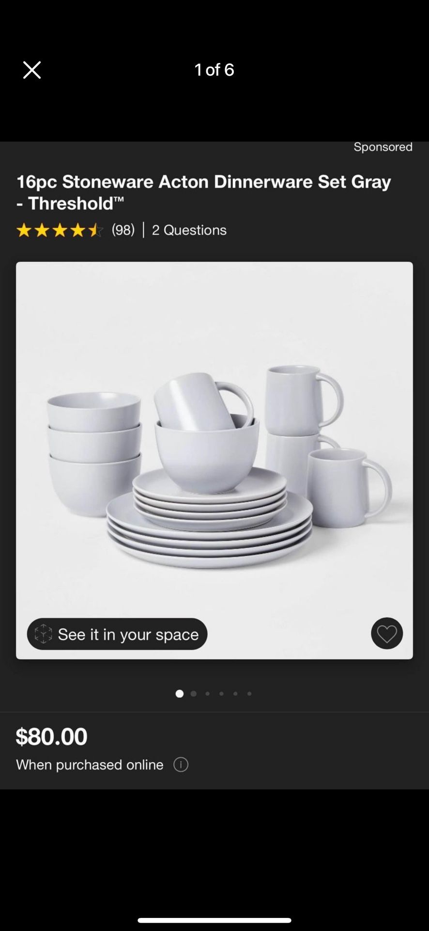 16 piece Target Threshold Acton Dinnerware Set - Gray - NEW IN BOX (MSRP $80)