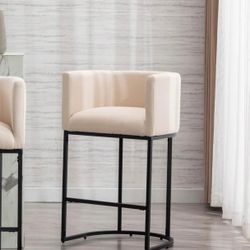 Contemporary Cream Linen Bar Stool, 29" Upholstered Fabric Counter Height Barstool Kitchen Counter Island Stool with Black Metal BaseV021