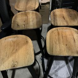 Set Of 5 EMECO SU Backless Solid Wood Saddle Seat Bar Stools W/Black Metal Base W/Footrest(See & Click On Pictures)