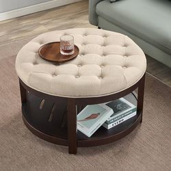 33" Large Round Ottoman Coffee Table with Storage, Upholstered Button Tufted Footrest Ottoman with Solid Wooden Round Tray, Linen Coffee Table for Liv