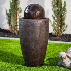 Fountain 25.98" H Round Stone Indoor/Outdoor Modern Stone Textured Sphere Water Fountain with LED Lights, Brown